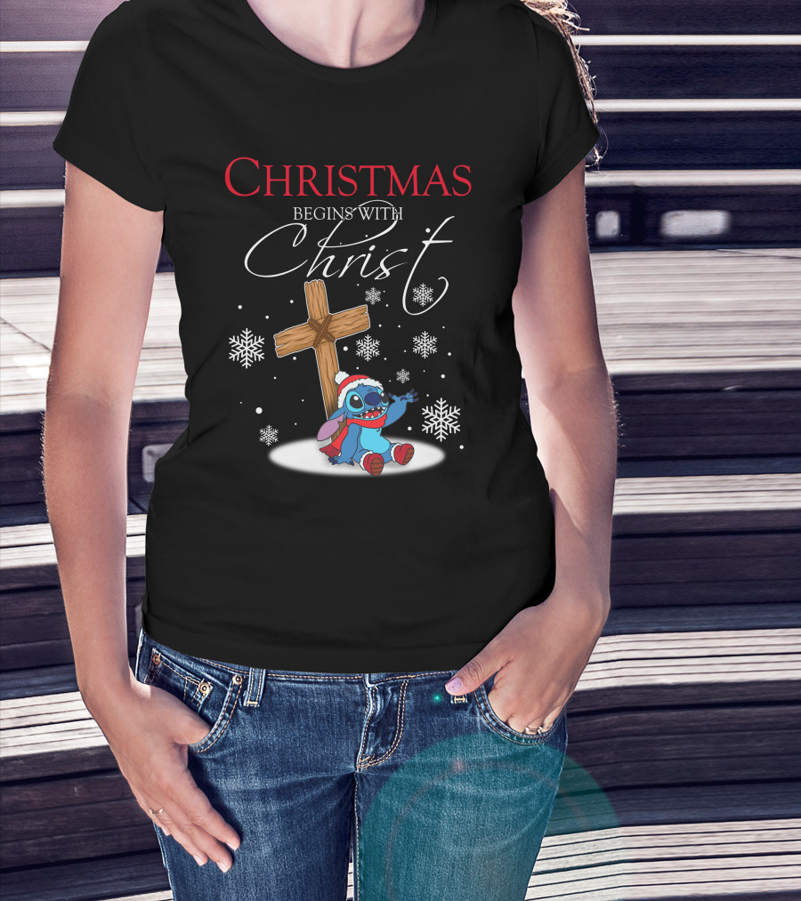 Christmas Begins With Christ Stitch Snowflakes T-Shirt