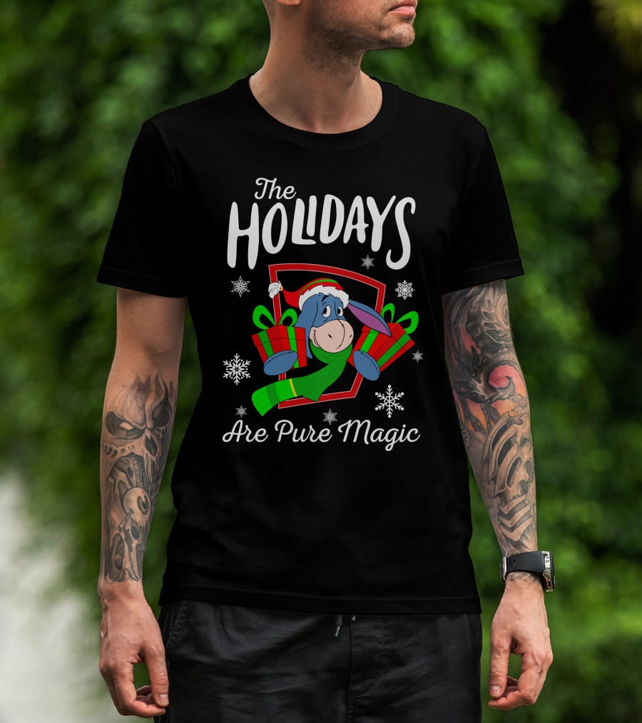 The Holidays Are Pure Magic Eeyore Wearing Santa Hat And Scarf Snowflakes And Presents T-Shirt
