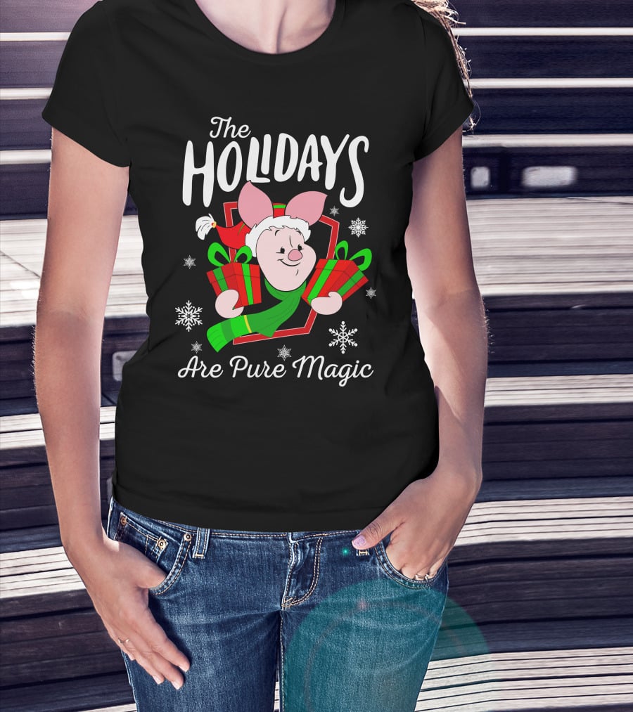 The Holidays Are Pure Magic Piglet Snowflakes Presents Santa Hat T-Shirt
