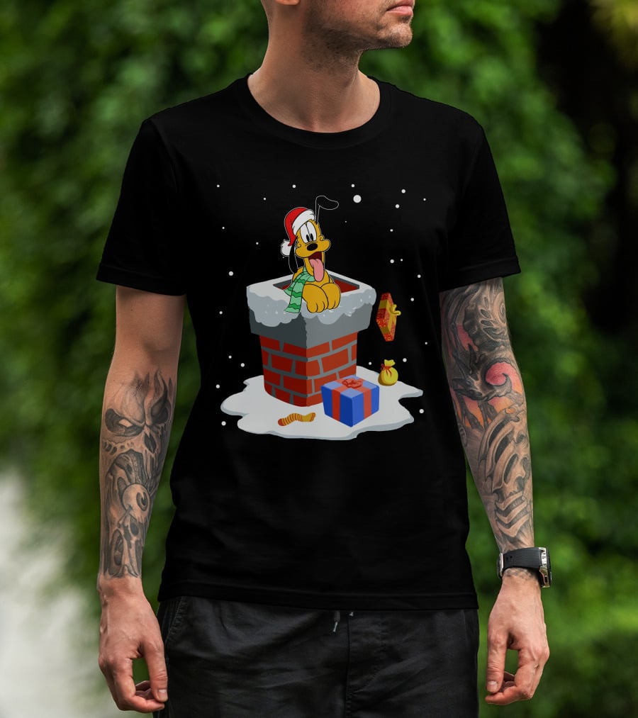Pluto Christmas Chimney Santa Hat Holiday Scene T-Shirt