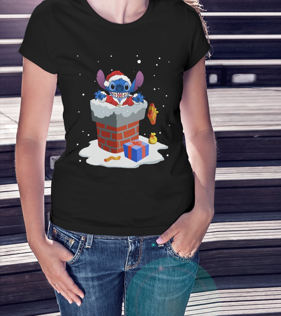 Santa Stitch Christmas Chimney Snow Scene T-Shirt
