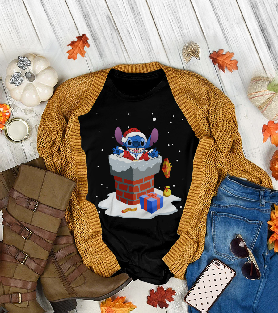 Santa Stitch Christmas Chimney Snow Scene T-Shirt