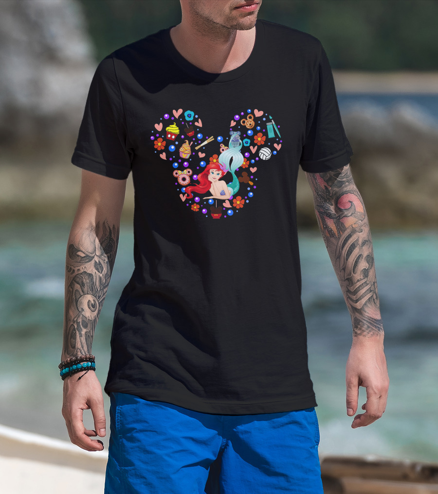 Ariel Little Mermaid Disney Happy Snacks Hearts Flowers Icons T-Shirt