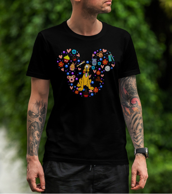 Pluto Surrounded By Hearts Flowers Snacks Mickey Pretzel T-Shirt