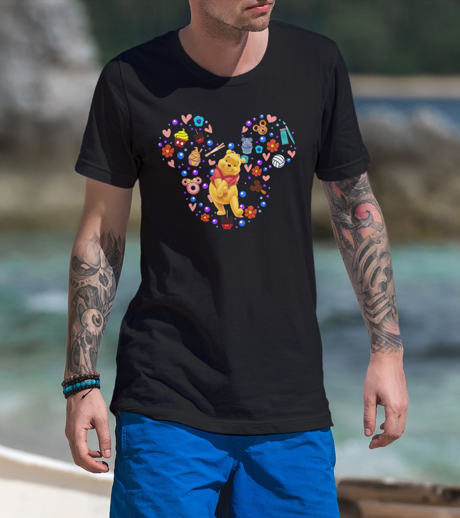 Pooh Heart With Cupcakes And Flowers T-Shirt