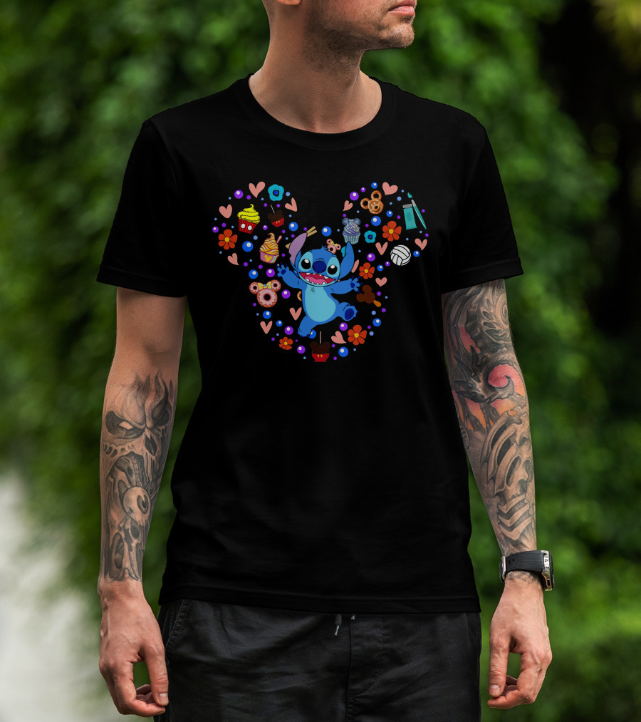Stitch Cupcake Flowers Heart Delightfully Mischievous Disney Fan Favorite T-Shirt