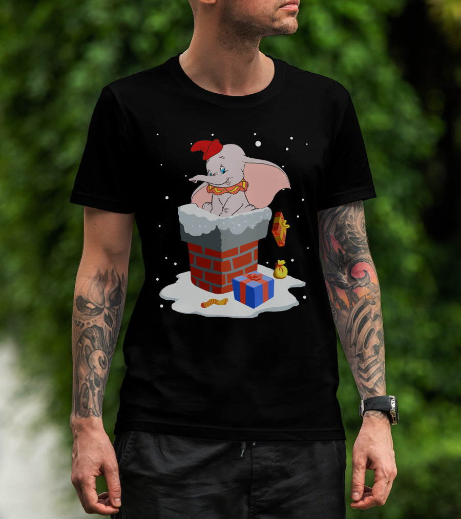 Dumbo Christmas Chimney Scene With Gifts And Snowflakes T-Shirt