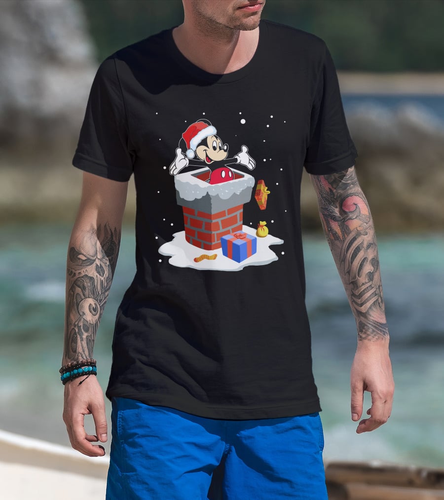 Mickey In Santa Hat Exiting Chimney With Gifts And Snow T-Shirt