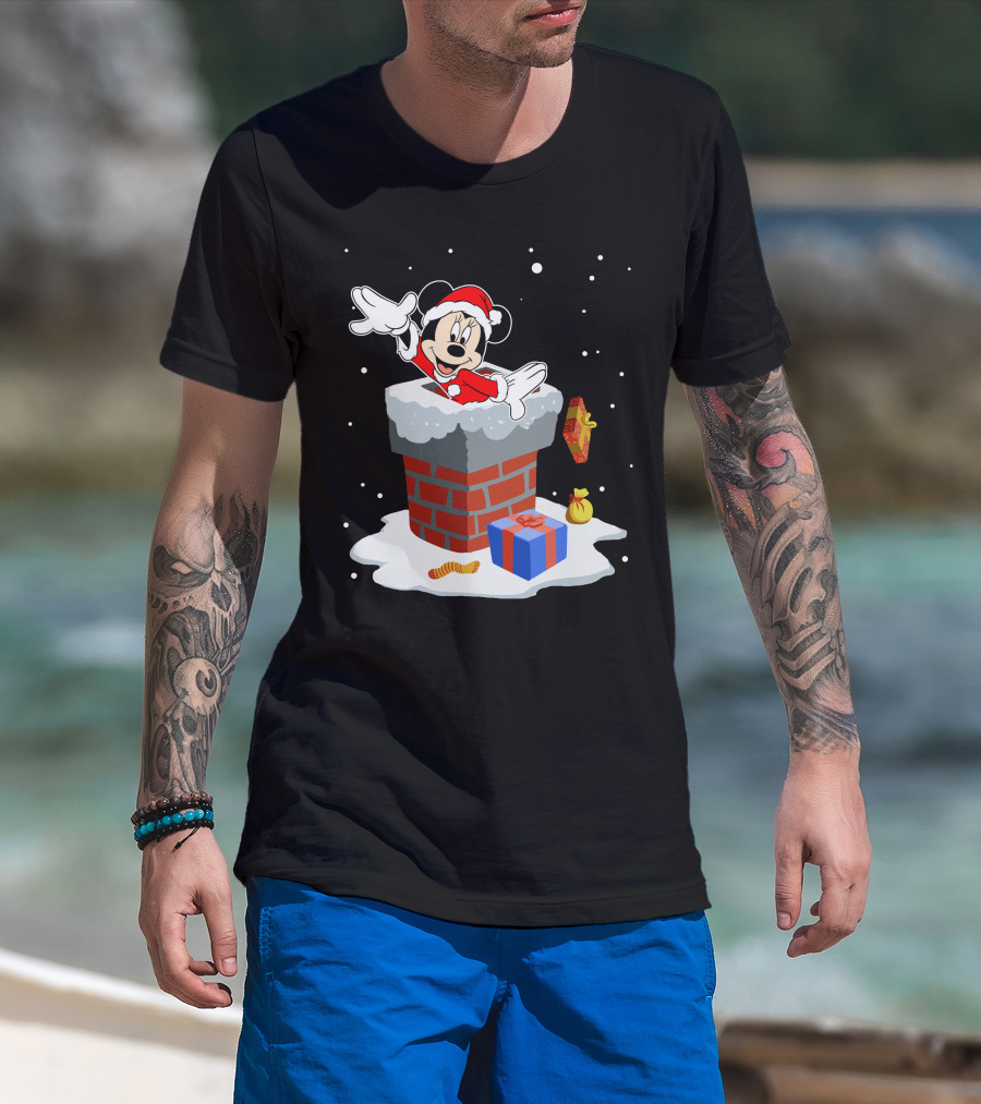 Minnie Mouse Santa In Chimney With Christmas Gifts And Snowflakes T-Shirt
