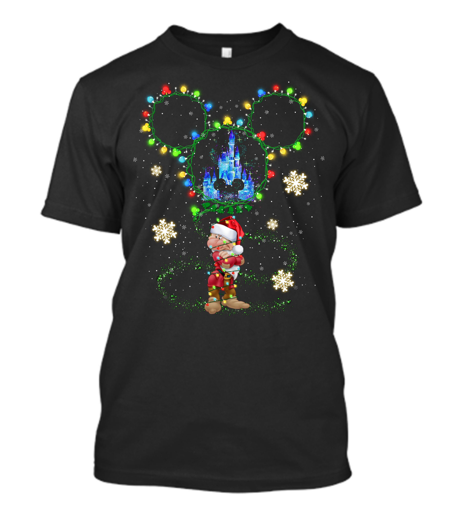 Grumpy Christmas Lights Castle And Mickey Ears Snowflakes T-Shirt