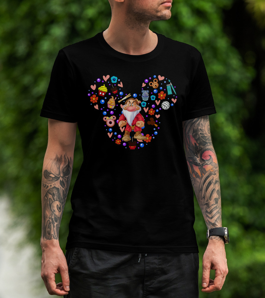 Grumpy Dwarf With Mickey-Shaped Sweets And Colorful Floral Hearts T-Shirt