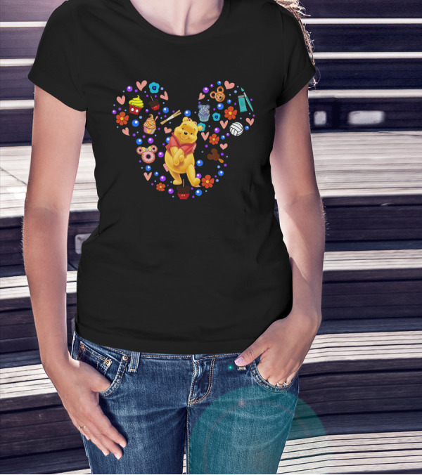 Winnie The Pooh Heart Pattern With Flowers Hearts And Cartoon Snacks T-Shirt