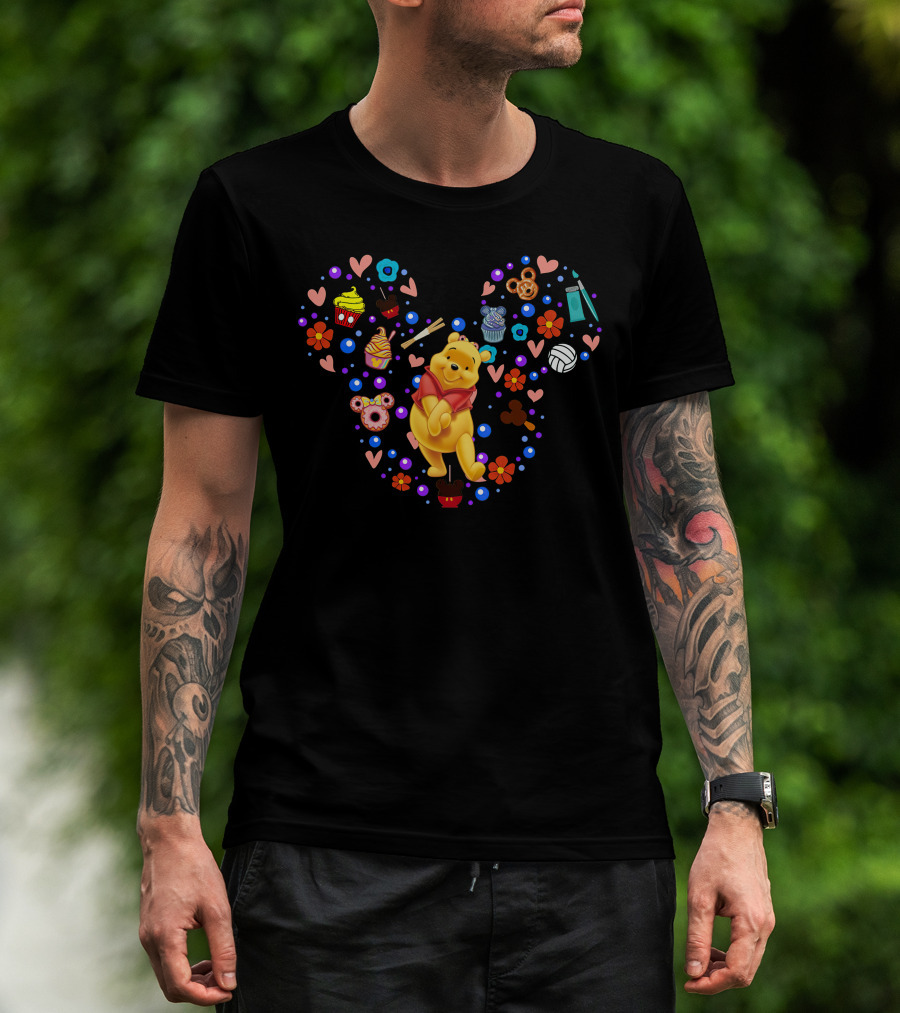 Winnie The Pooh Heart Pattern With Flowers Hearts And Cartoon Snacks T-Shirt