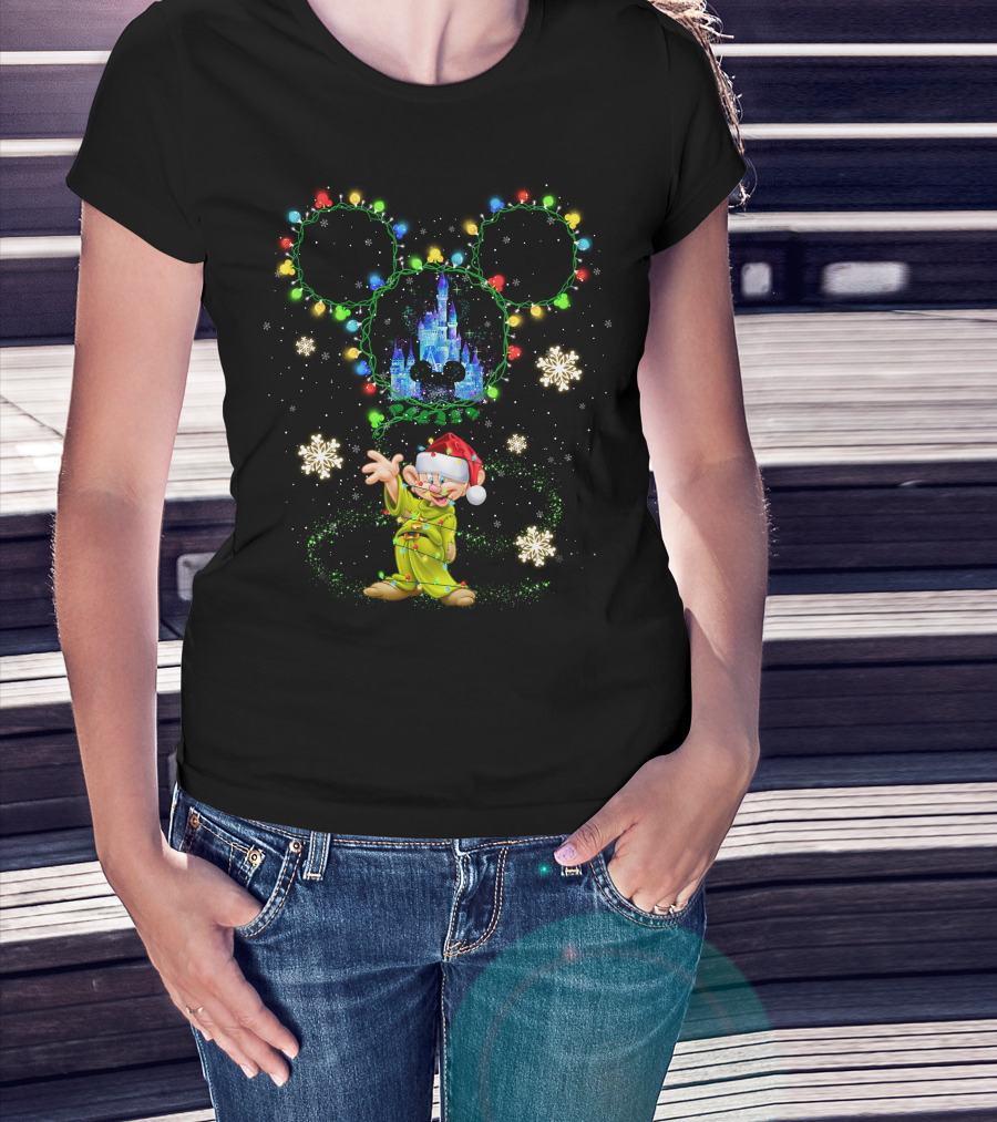 Dopey Christmas Castle Mickey Lights Snowflakes T-Shirt