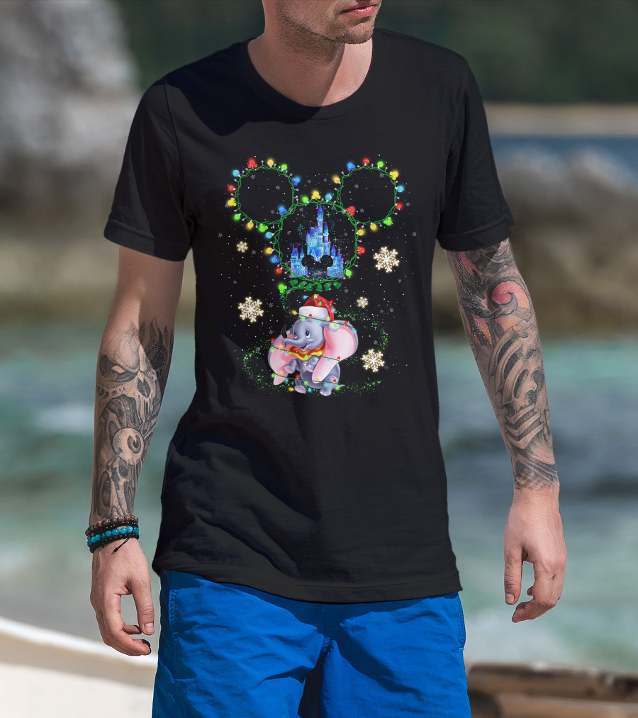 Christmas Dumbo With Castle And Mickey String Lights T-Shirt