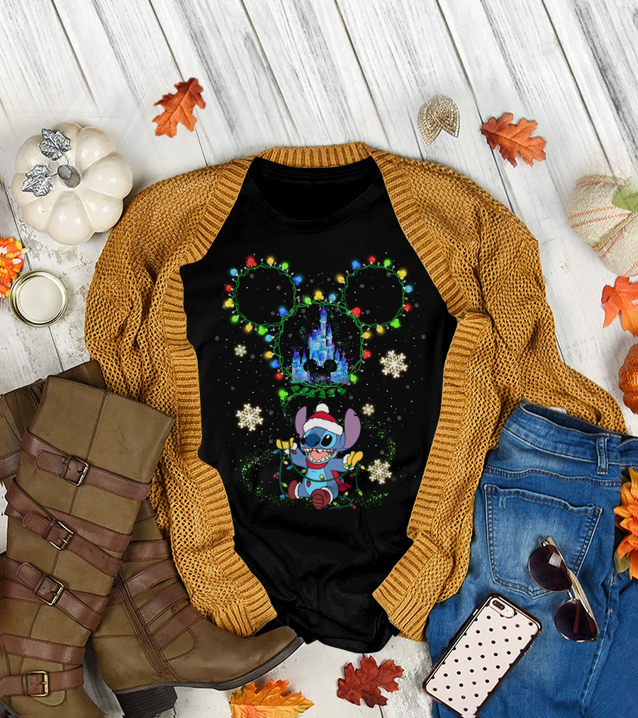 Disney Stitch Christmas Castle Lights Mickey Ears T-Shirt