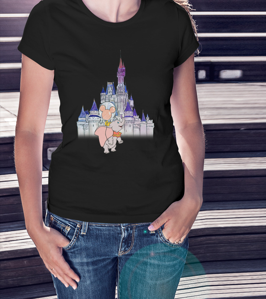 Dumbo With Mickey Balloon In Front Of Disney Castle T-Shirt