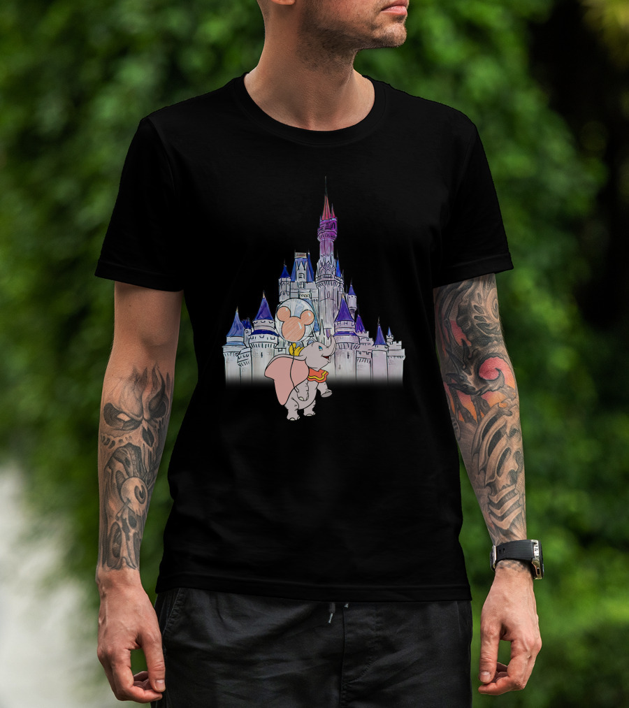 Dumbo With Mickey Balloon In Front Of Disney Castle T-Shirt