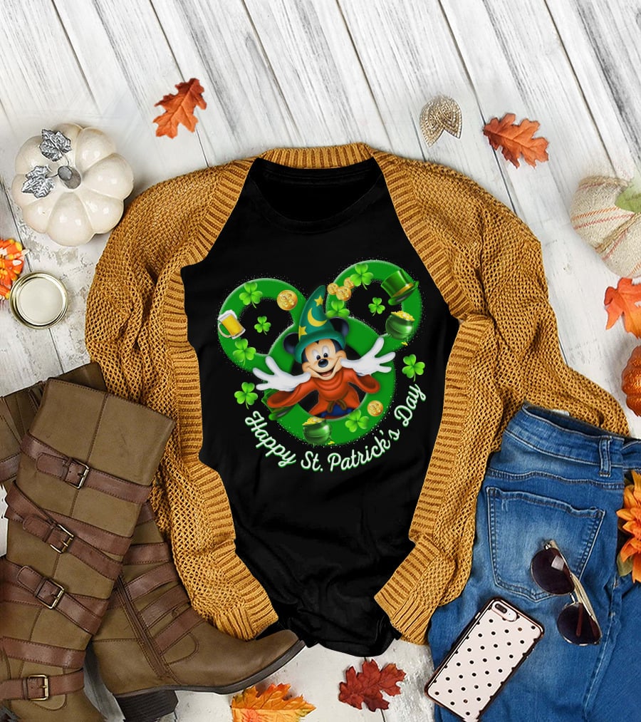 Happy St. Patrick's Day Mickey Fantasia Magic Hat Clover Coins T-Shirt
