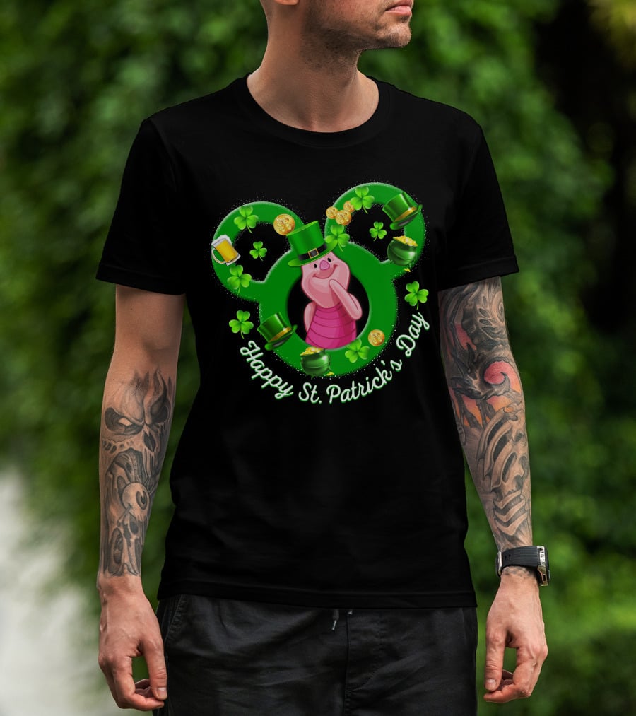 Piglet Happy St. Patrick’s Day Mickey Ears Shamrocks Coins Hat T-Shirt