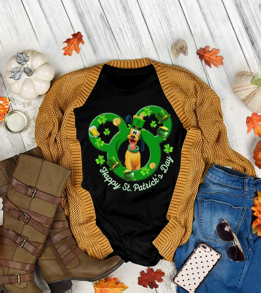 Happy St. Patrick's Day Pluto Mickey Ears Shamrocks Gold Coins T-Shirt