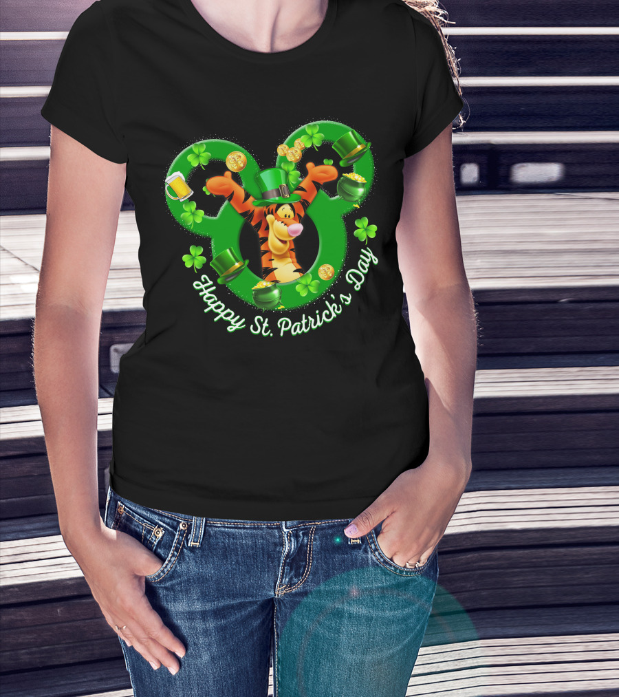 Tigger Happy St. Patrick's Day Mickey Ears Clover And Gold Coins T-Shirt