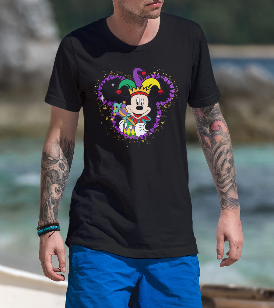 Mickey Mouse Jester Mardi Gras Magic With Crown And Scepter T-Shirt