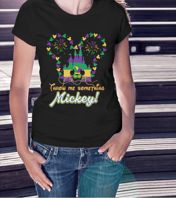 Throw Me Something Mickey Mardi Gras Castle Fireworks Beads T-Shirt