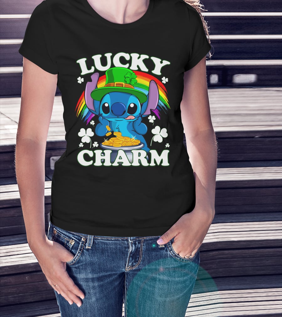 Stitch Lucky Charm Leprechaun Rainbow And Gold Coins T-Shirt