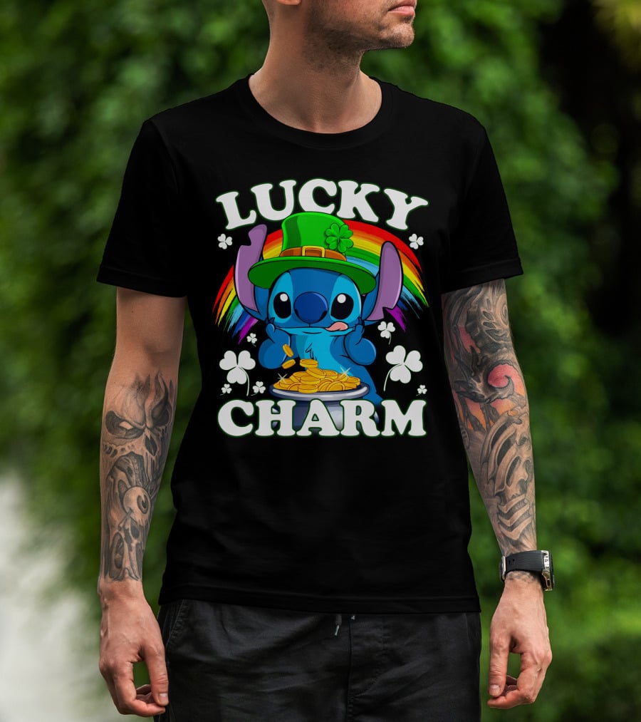Stitch Lucky Charm Leprechaun Rainbow And Gold Coins T-Shirt