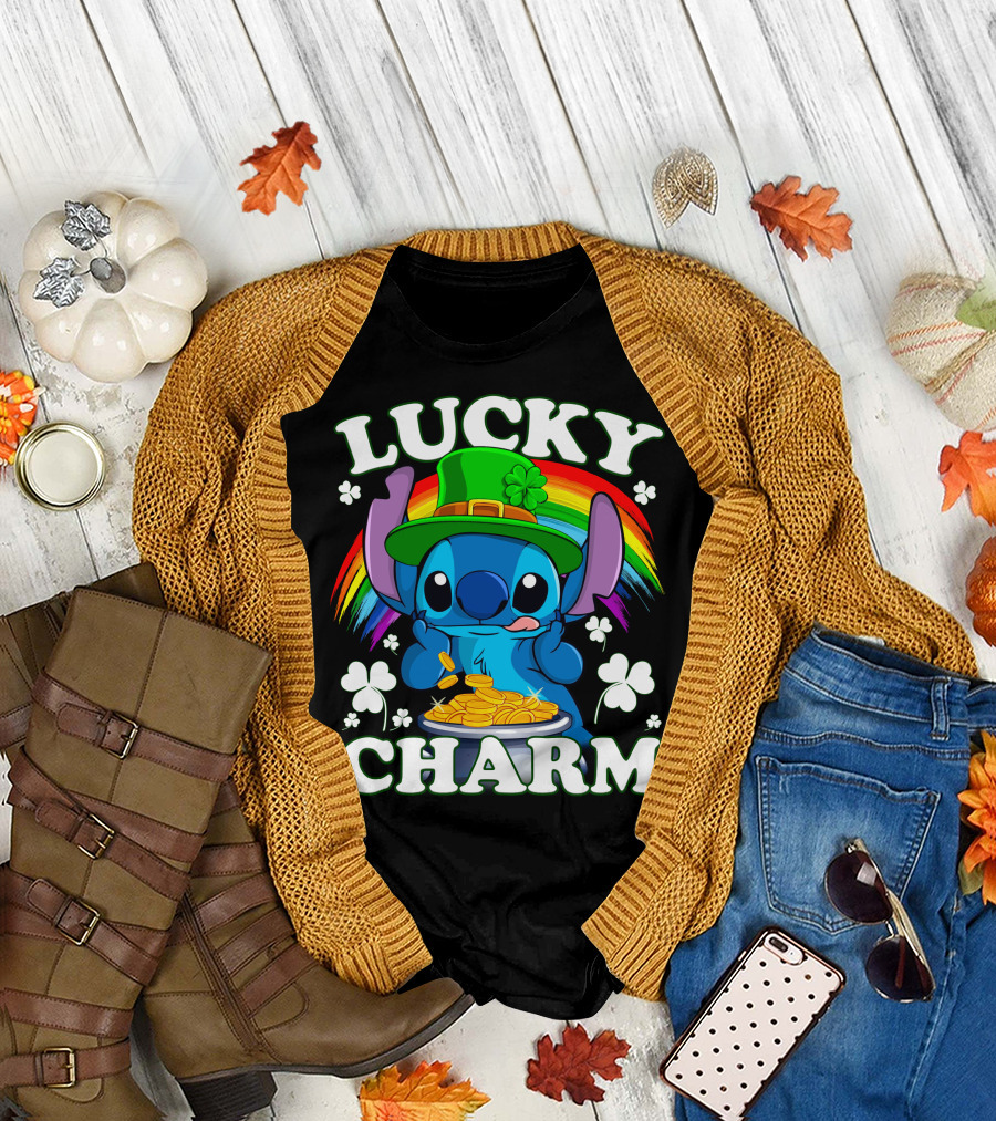 Stitch Lucky Charm Leprechaun Rainbow And Gold Coins T-Shirt