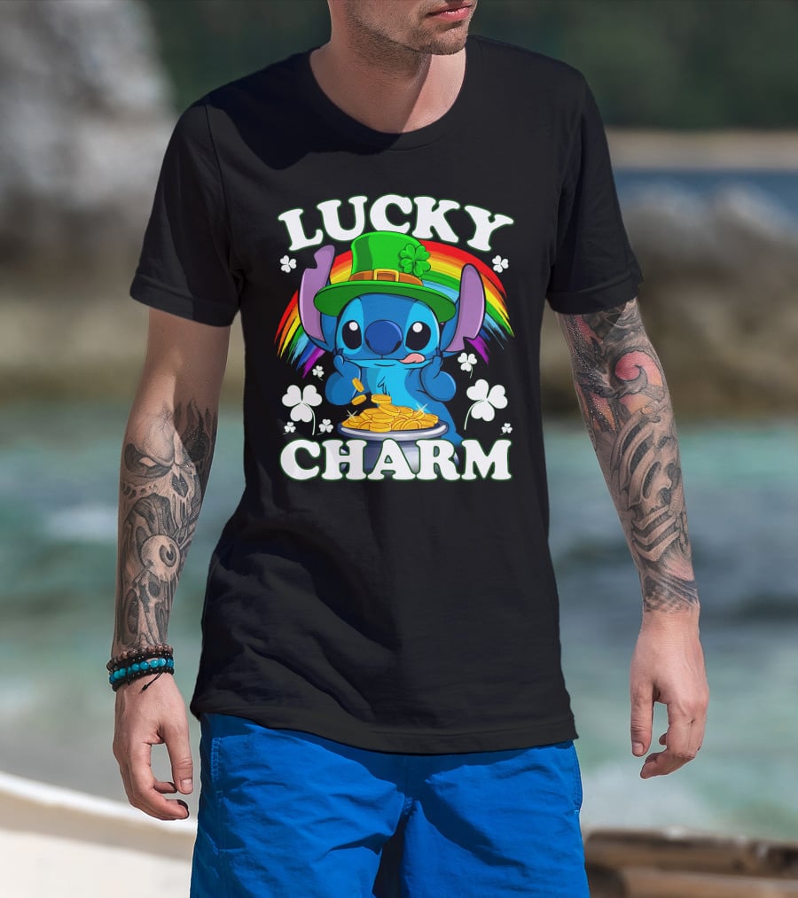 Stitch Lucky Charm Leprechaun Rainbow And Gold Coins T-Shirt