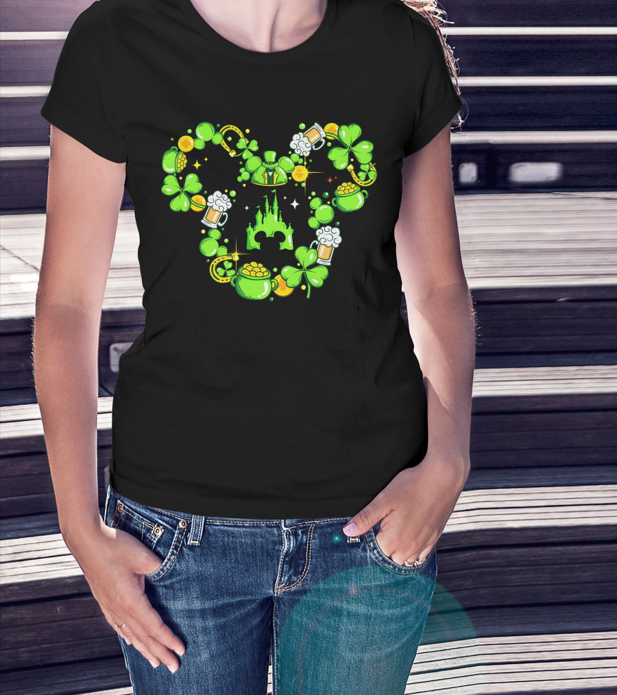 Mickey St Patricks Day Shamrocks Castle Beer Gold Coins T-Shirt