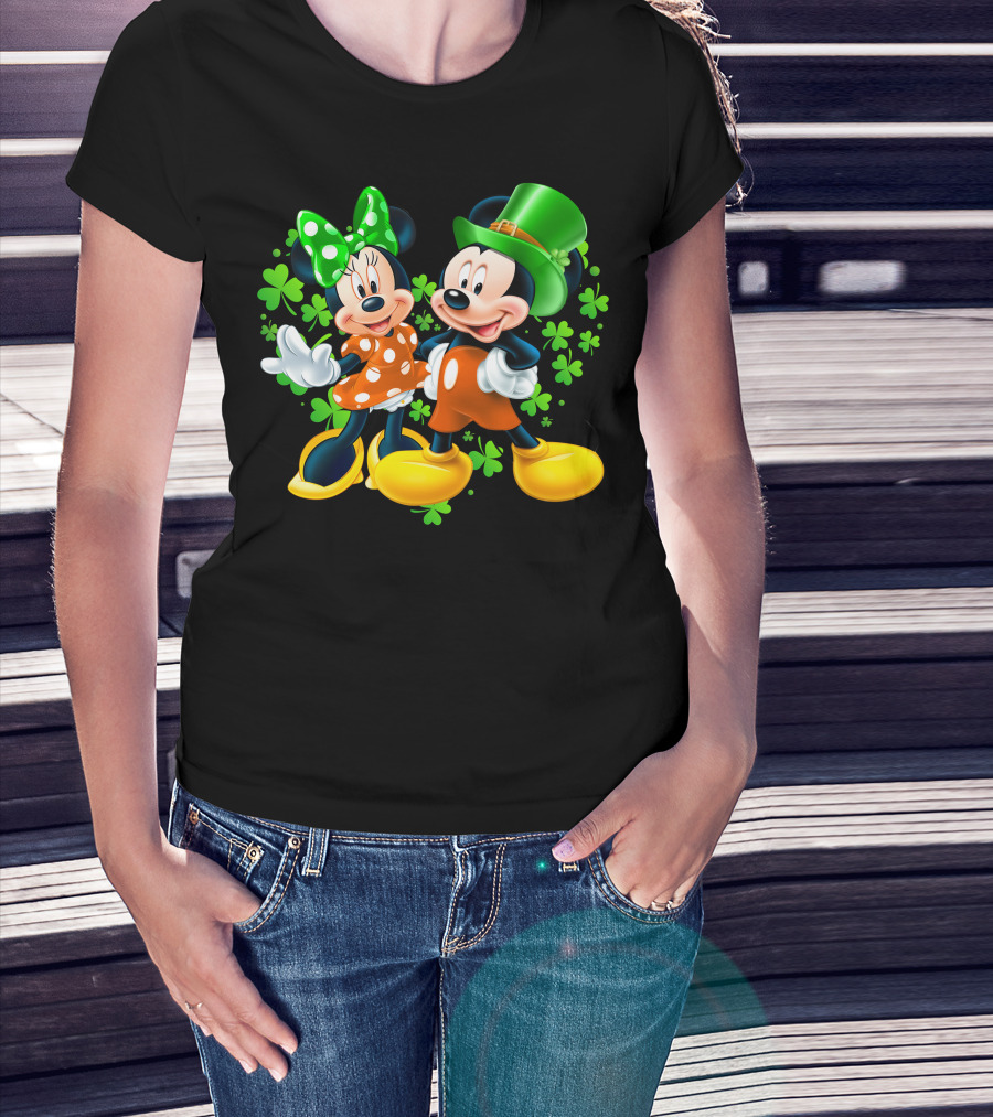 Mickey And Minnie With Shamrocks In Green And Orange Outfits T-Shirt