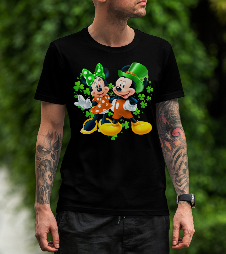 Mickey And Minnie With Shamrocks In Green And Orange Outfits T-Shirt
