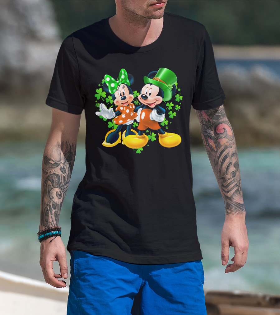 Mickey And Minnie With Shamrocks In Green And Orange Outfits T-Shirt