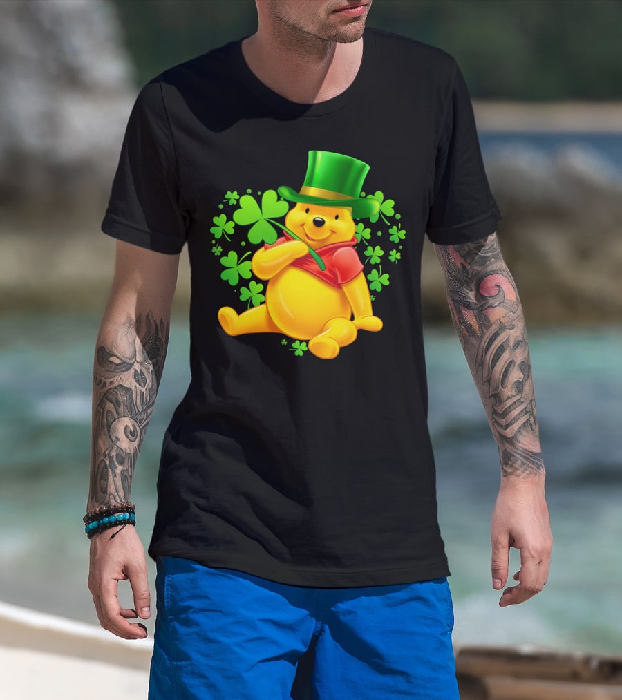 Pooh Bear St. Patrick's Day With Shamrocks And Green Hat T-Shirt