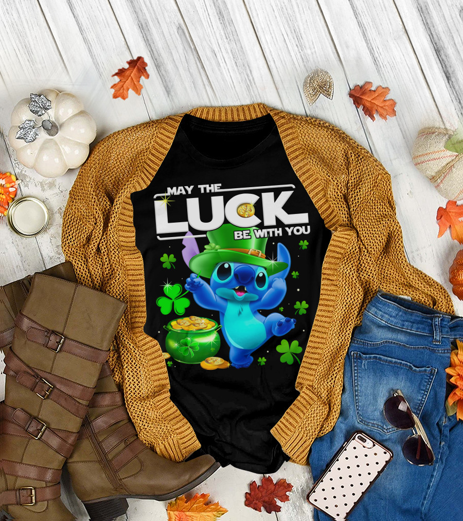 May The Luck Be With You Stitch Leprechaun Clover Coins T-Shirt