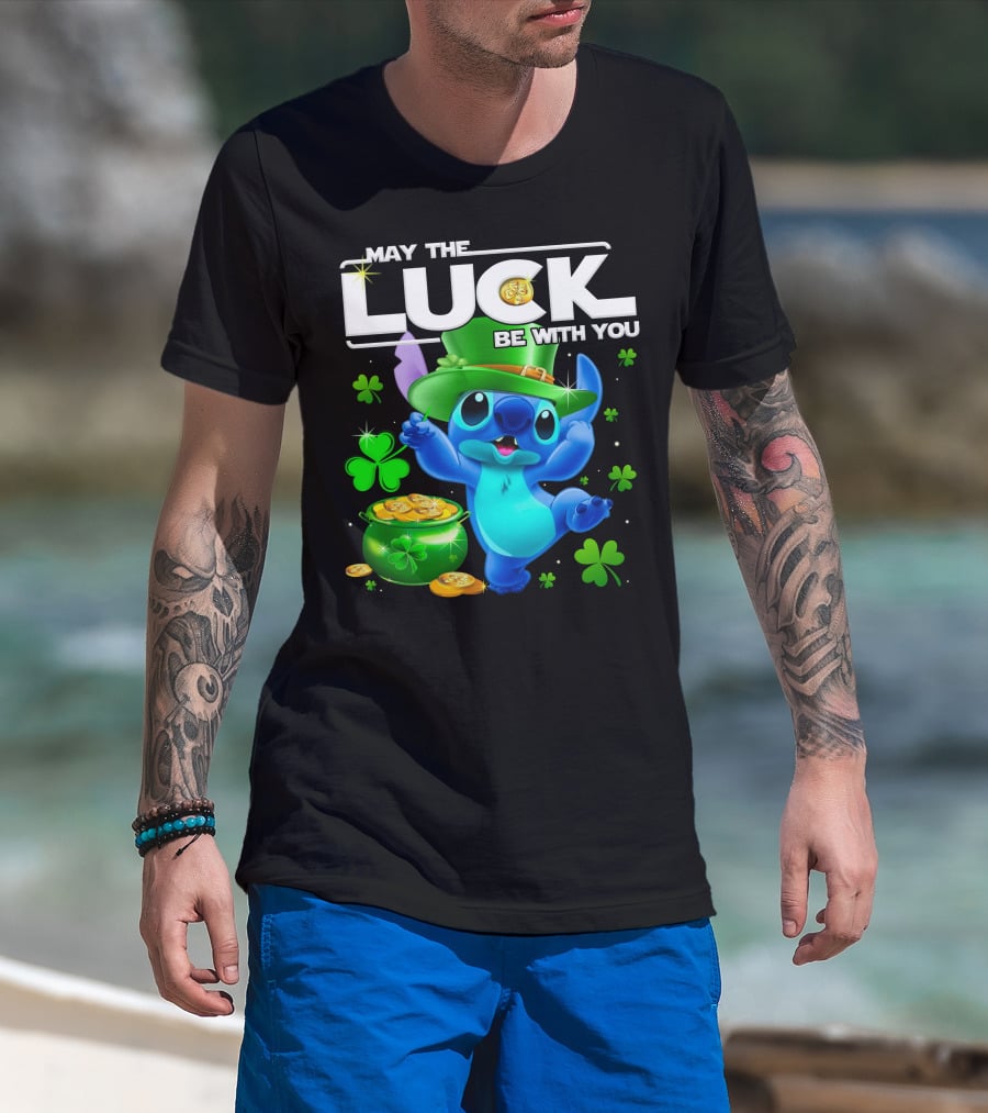 May The Luck Be With You Stitch Leprechaun Clover Coins T-Shirt
