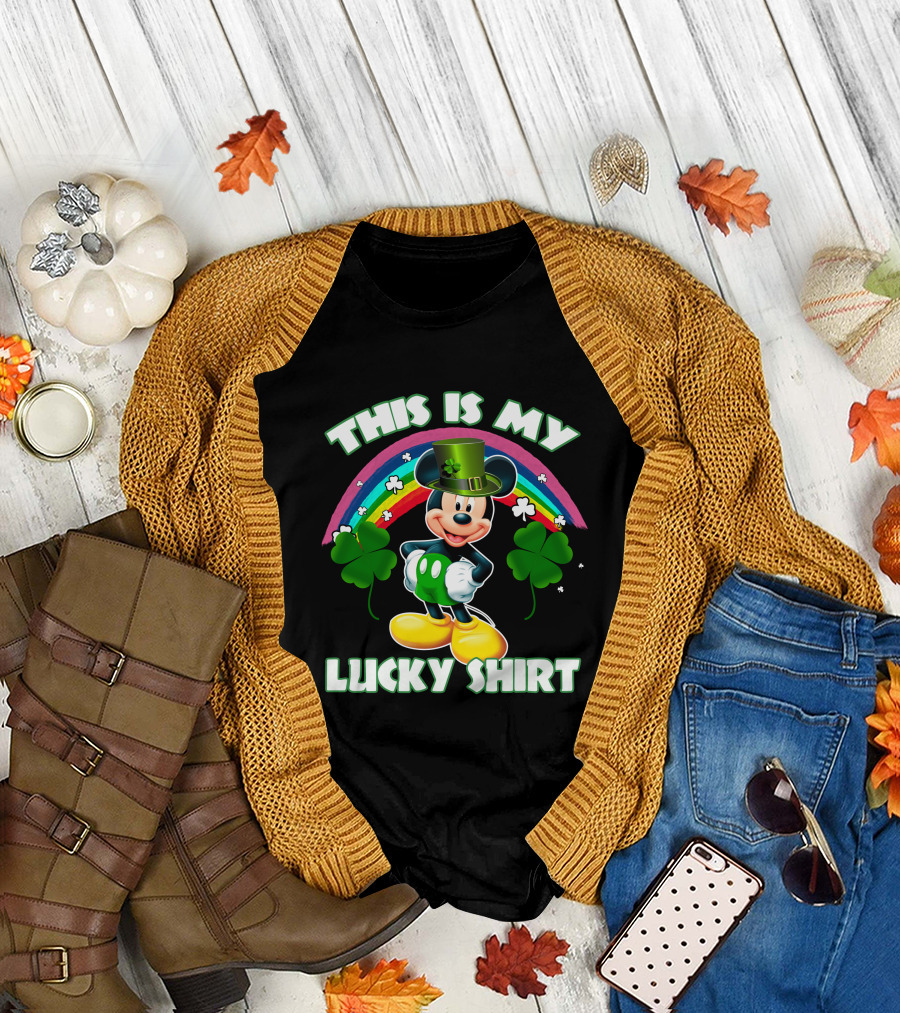 This Is My Lucky Shirt Mickey Mouse Rainbow Four-Leaf Clover T-Shirt