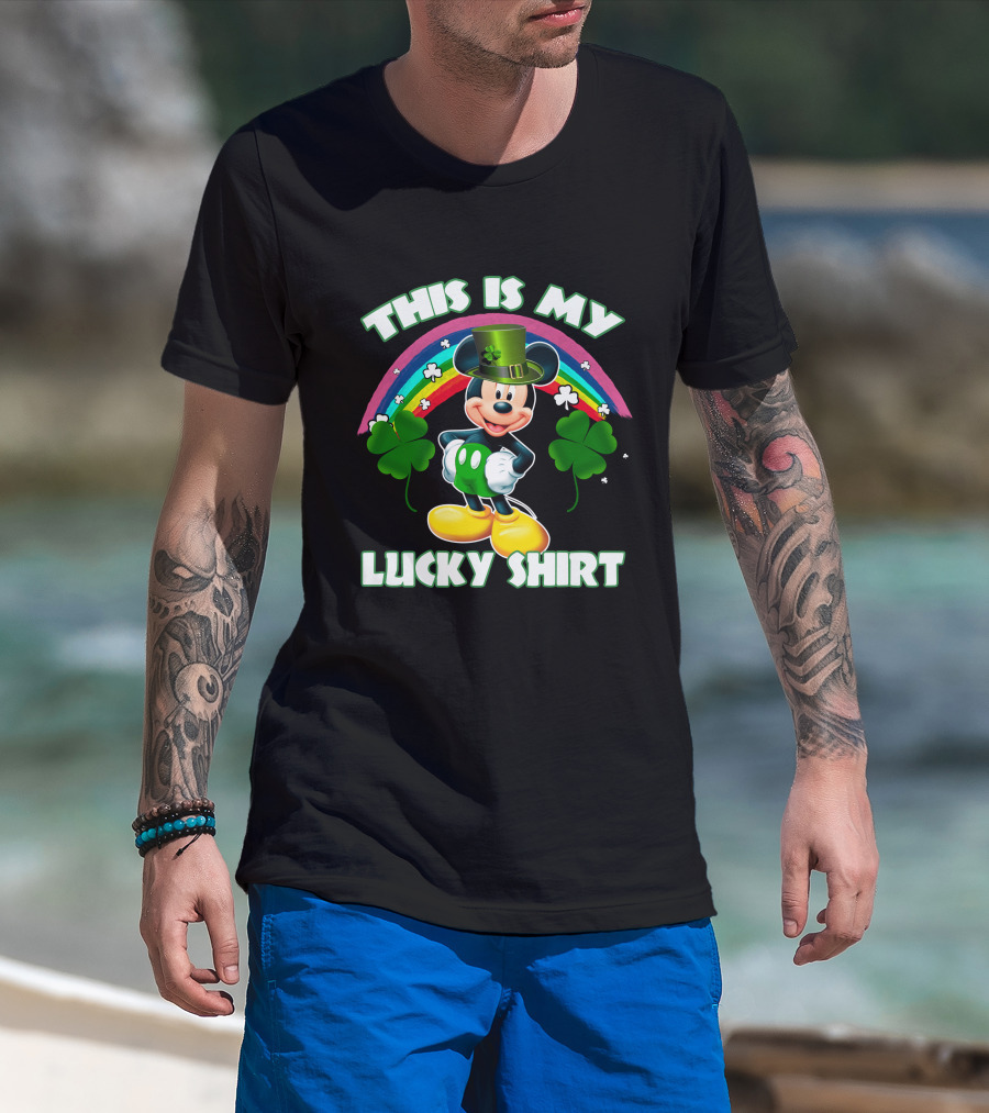 This Is My Lucky Shirt Mickey Mouse Rainbow Four-Leaf Clover T-Shirt