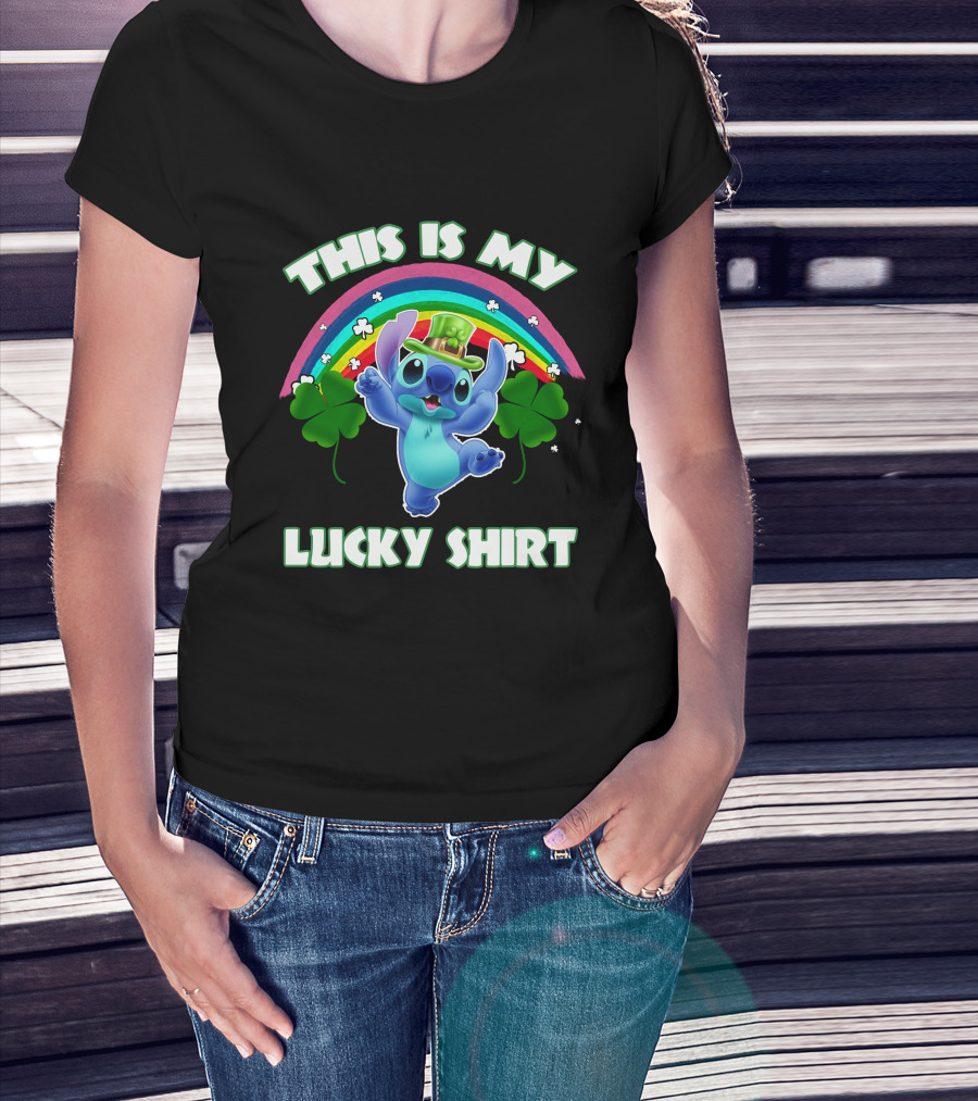 This Is My Lucky Shirt Stitch Leprechaun Clover Rainbow T-Shirt