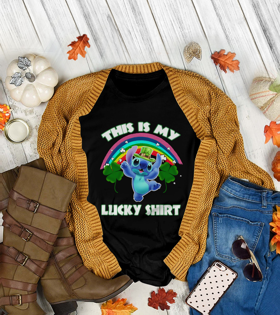 This Is My Lucky Shirt Stitch Leprechaun Clover Rainbow T-Shirt