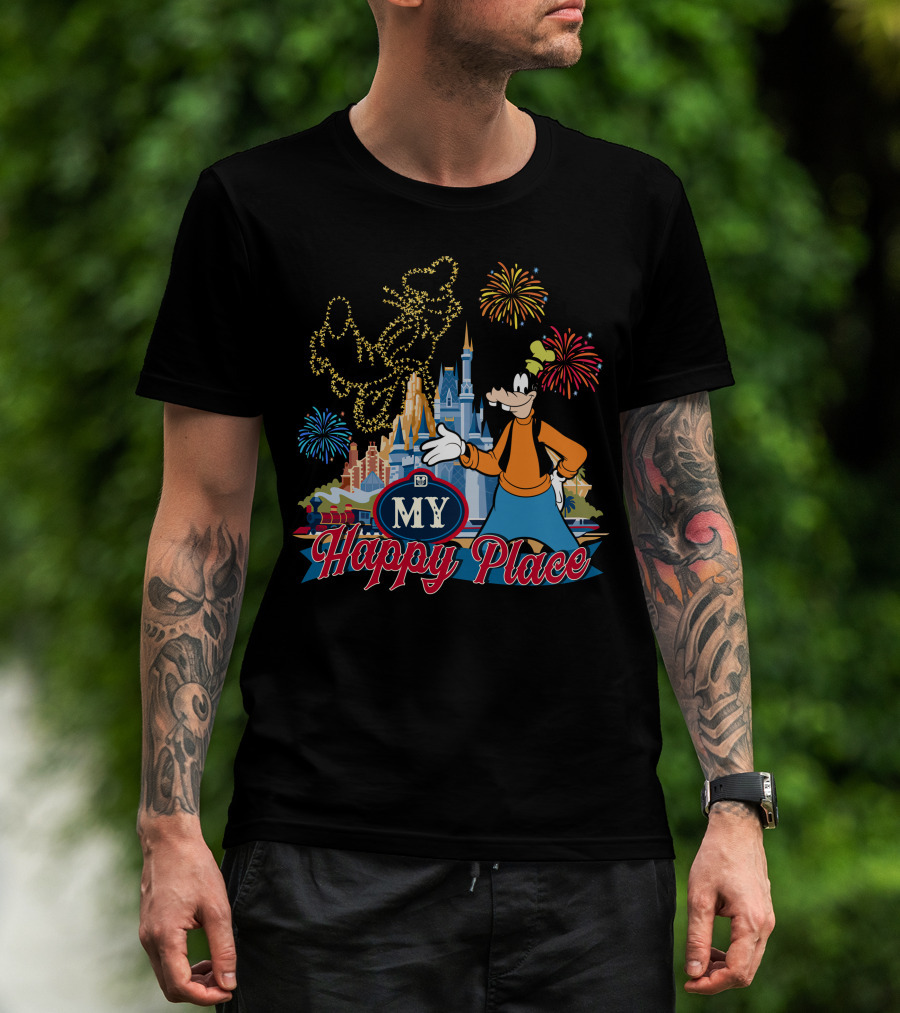 Goofy My Happy Place Fireworks Castle T-Shirt