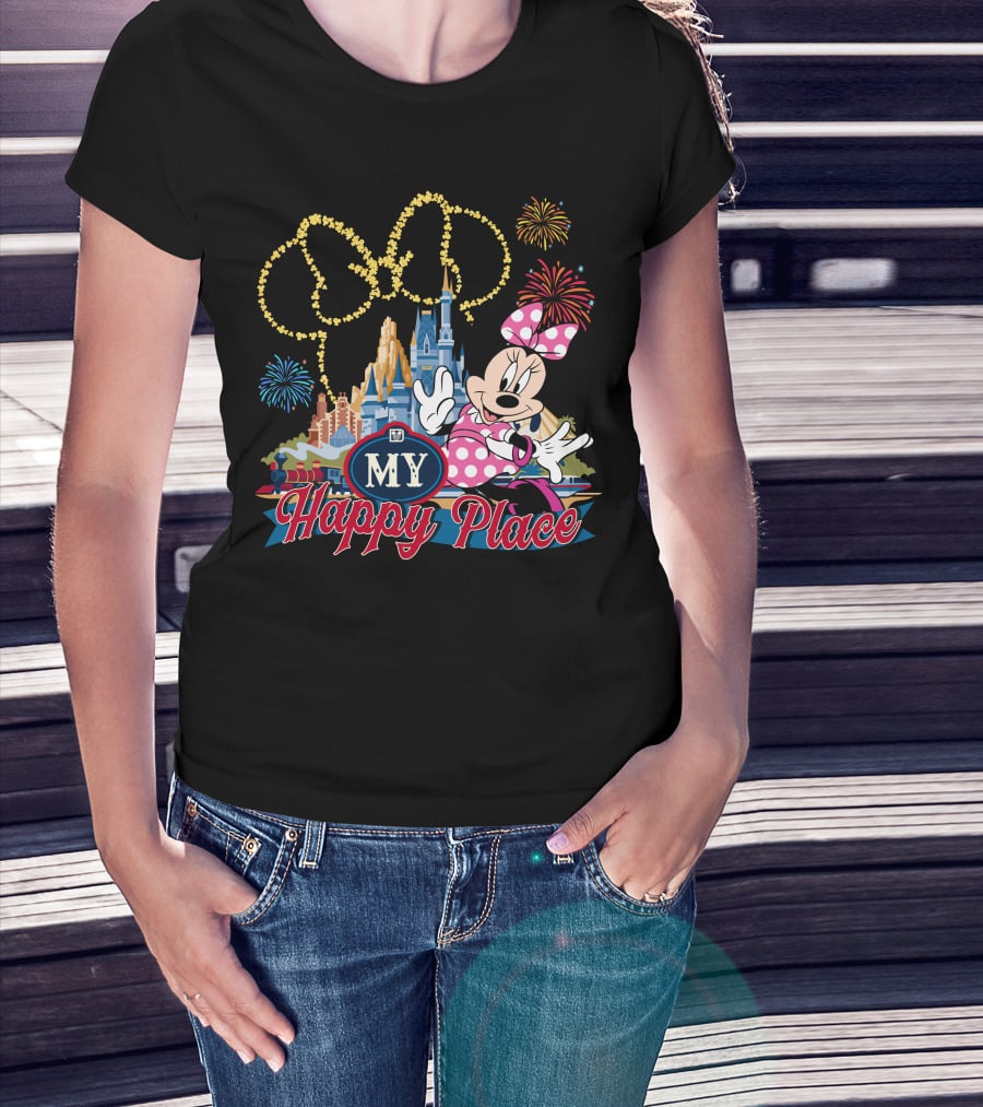 Minnie My Happy Place Fireworks Castle T-Shirt