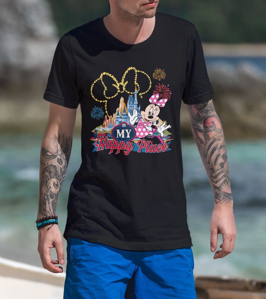 Minnie My Happy Place Fireworks Castle T-Shirt
