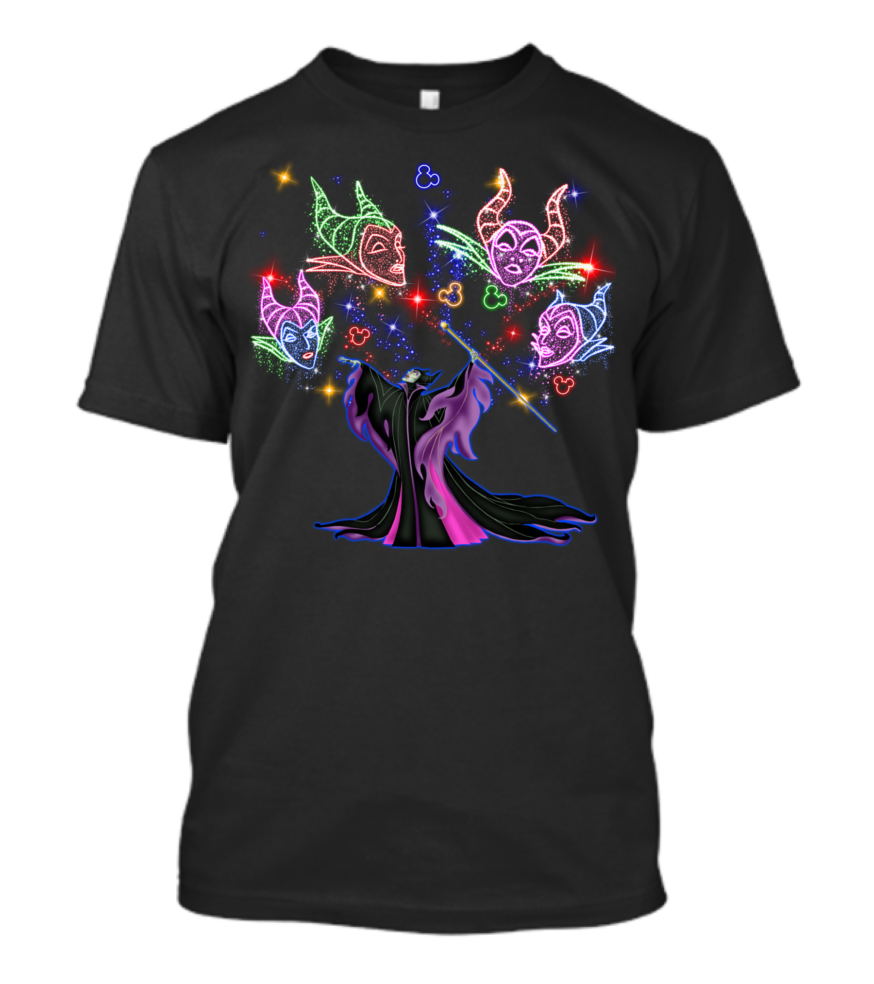 Maleficent Colorful Magical Neon Faces With Mickey Mouse Ears T-Shirt