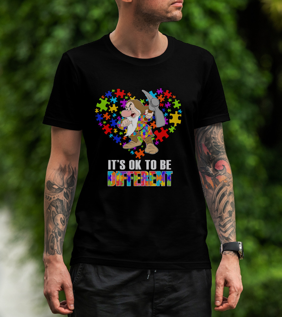 It's Ok To Be Different Grumpy Dwarf With Puzzle Piece Heart T-Shirt