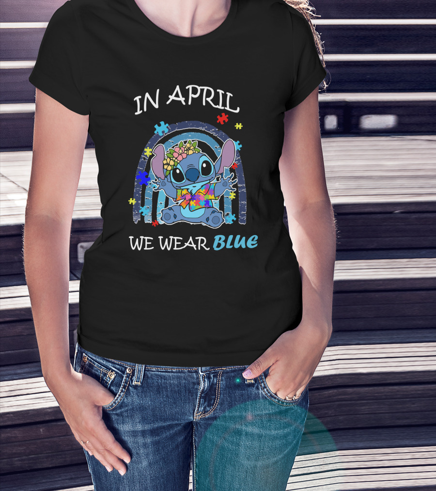 In April We Wear Blue Stitch Puzzle Rainbow T-Shirt
