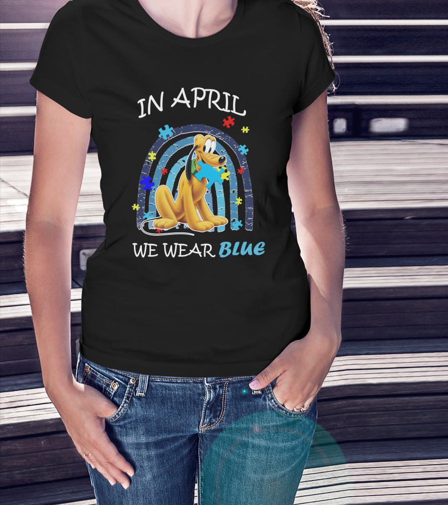 In April We Wear Blue Pluto Puzzle Autism Awareness T-Shirt